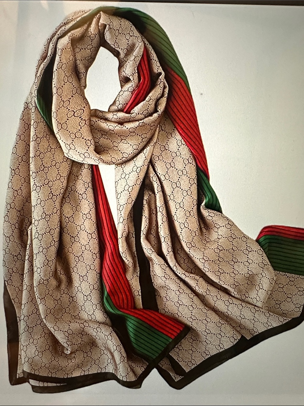 Women’s Luxury Beige Monogram Scarf with Red & Green Trim